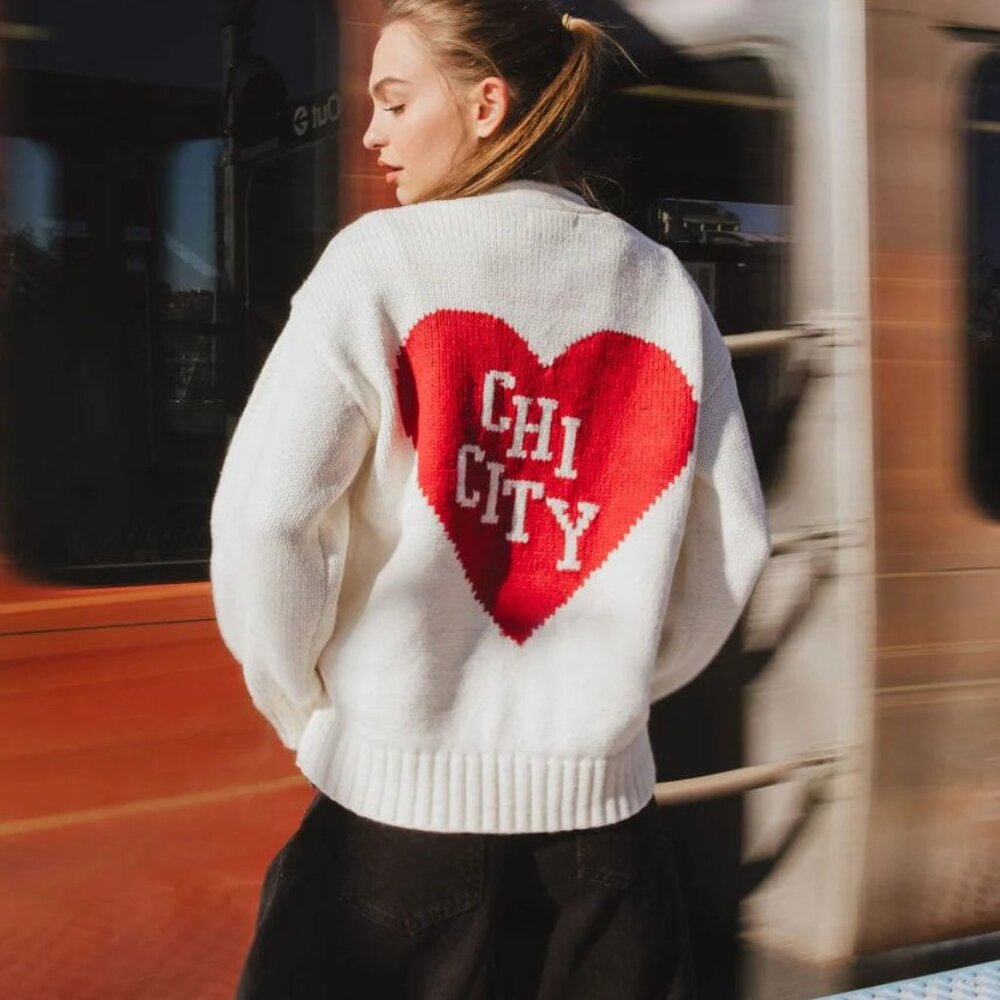 Alice & Wonder Chicago Chi City Heart Cardigan - White / Cream / Red - Small